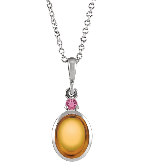 87438 Necklace Set Platinum Oval Natural Citrine 5 X 3 Mm Natural Pink Tourmaline 16-18 In Polished Natural Citrine And Pink Tourmaline Bezel-Set Cabochon Necklace
