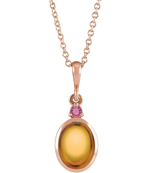 87438 Necklace Set 14K Rose Oval Natural Citrine 5 X 3 Mm Natural Pink Tourmaline 16-18 In Polished Natural Citrine And Pink Tourmaline Bezel-Set Cabochon Necklace