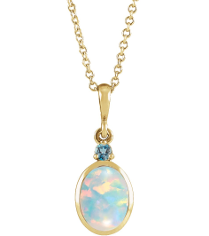 87438 Necklace Set 14K Yellow Oval Lab-Grown White Opal 5 X 3 Mm Natural London Blue Topaz 16-18 In Polished Lab Grown White Opal And Natural London Blue Topaz Bezel-Set Cabochon Necklace