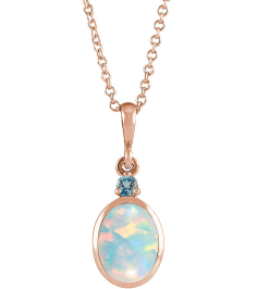 87438 Necklace Set 14K Rose Oval Lab-Grown White Opal 5 X 3 Mm Natural London Blue Topaz 16-18 In Polished Lab Grown White Opal And Natural London Blue Topaz Bezel-Set Cabochon Necklace