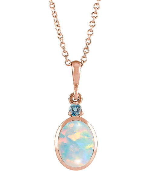 87438 Necklace Set 14K Rose Oval Lab-Grown White Opal 5 X 3 Mm Natural London Blue Topaz 16-18 In Polished Lab Grown White Opal And Natural London Blue Topaz Bezel-Set Cabochon Necklace