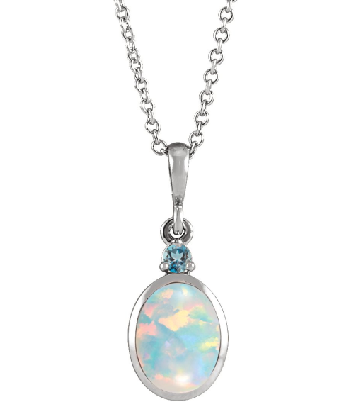 87438 Necklace Set Platinum Oval Lab-Grown White Opal 6 X 4 Mm Natural London Blue Topaz 16-18 In Polished Lab Grown White Opal And Natural London Blue Topaz Bezel-Set Cabochon Necklace