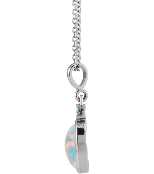 87438 Necklace Set Platinum Oval Lab-Grown White Opal 6 X 4 Mm Natural London Blue Topaz 16-18 In Polished Lab Grown White Opal And Natural London Blue Topaz Bezel-Set Cabochon Necklace