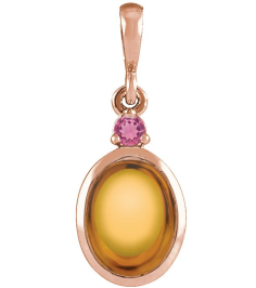 87438 Pendant Set 14K Rose Oval Natural Citrine 6 X 4 Mm Natural Pink Tourmaline Polished Natural Citrine And Pink Tourmaline Bezel-Set Cabochon Pendant