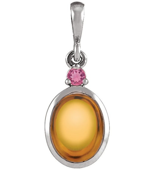 87438 Pendant Set 14K White Oval Natural Citrine 8 X 6 Mm Natural Pink Tourmaline Polished Natural Citrine And Pink Tourmaline Bezel-Set Cabochon Pendant