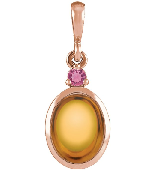 87438 Pendant Set 14K Rose Oval Natural Citrine 5 X 3 Mm Natural Pink Tourmaline Polished Natural Citrine And Pink Tourmaline Bezel-Set Cabochon Pendant