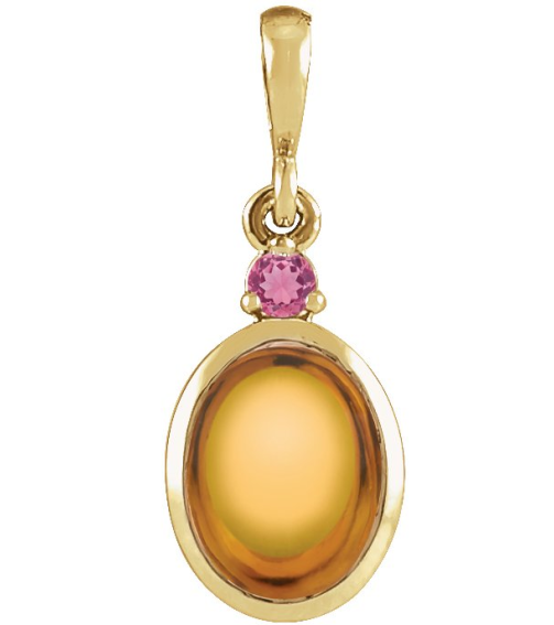 87438 Pendant Set 14K Yellow Oval Natural Citrine 5 X 3 Mm Natural Pink Tourmaline Polished Natural Citrine And Pink Tourmaline Bezel-Set Cabochon Pendant