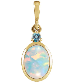 87438 Pendant Set 14K Yellow Oval Lab-Grown White Opal 6 X 4 Mm Natural London Blue Topaz Polished Lab-Grown White Opal And Natural London Blue Topaz Bezel-Set Cabochon Pendant