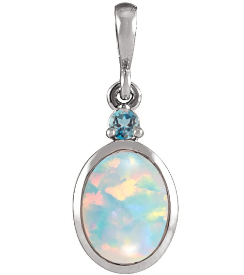 87438 Pendant Set 14K White Oval Lab-Grown White Opal 6 X 4 Mm Natural London Blue Topaz Polished Lab-Grown White Opal And Natural London Blue Topaz Bezel-Set Cabochon Pendant