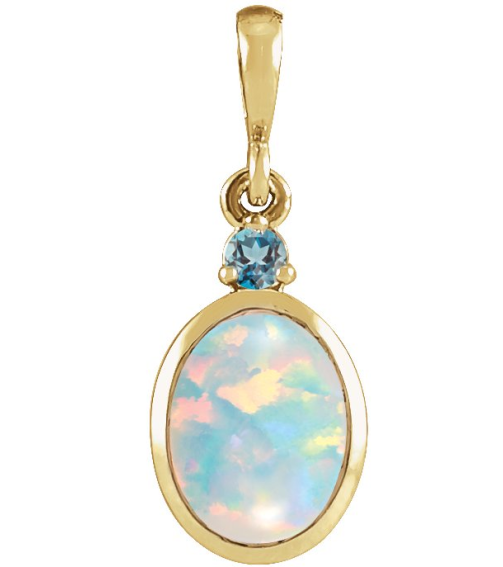 87438 Pendant Set 14K Yellow Oval Lab-Grown White Opal 5 X 3 Mm Natural London Blue Topaz Polished Lab-Grown White Opal And Natural London Blue Topaz Bezel-Set Cabochon Pendant
