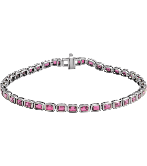 Brc1000 Bracelet 14K White Set Natural Pink Tourmaline Emerald 3.5 X 2.4 Mm None 7 In Polished Natural Pink Tourmaline Line Bracelet