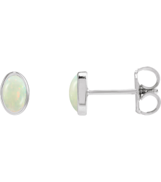 23489 14K White Set Oval Lab-Grown White Opal Pair 6 X 4 Mm Friction Friction Backs Included Bezel Polished Lab-Grown White Opal Bezel Earrings