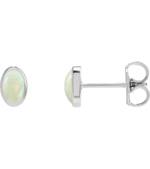 23489 14K White Set Oval Lab-Grown White Opal Pair 6 X 4 Mm Friction Friction Backs Included Bezel Polished Lab-Grown White Opal Bezel Earrings