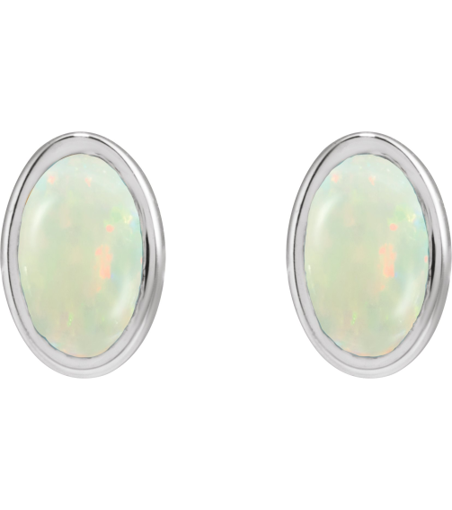 23489 14K White Set Oval Lab-Grown White Opal Pair 6 X 4 Mm Friction Friction Backs Included Bezel Polished Lab-Grown White Opal Bezel Earrings