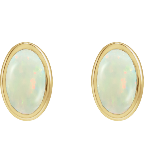 23489 14K Yellow Set Oval Lab-Grown White Opal Pair 5 X 3 Mm Friction Friction Backs Included Bezel Polished Lab-Grown White Opal Bezel Earrings