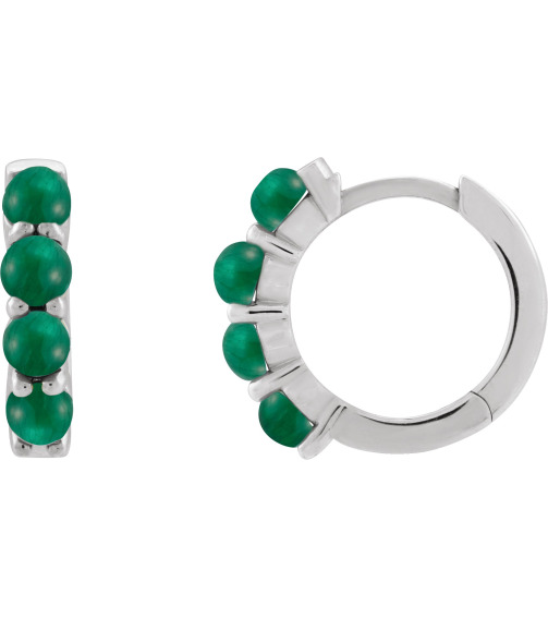 87181 Earring Set 14K White 14.7 Mm 3 Mm Natural Emerald Round 3 Mm Pair Hinged Polished Natural Emerald Cabochon Hinged Hoop Earrings