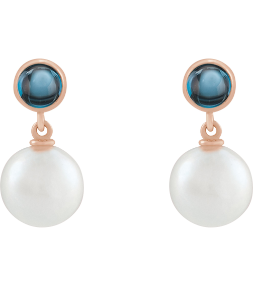 88753 Earring Set Cultured Freshwater Pearl Pearl 8 Mm 14K Rose Natural London Blue Topaz Pair Friction Backs Included Polished Cultured Pearl And Natural London Blue Topaz Cabochon Drop Earrings