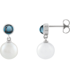 88753 Earring Set Cultured Freshwater Pearl Pearl 8 Mm Sterling Silver Natural London Blue Topaz Pair Friction Backs Included Polished Cultured Pearl And Natural London Blue Topaz Cabochon Drop Earrings