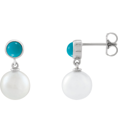 88753 Earring Set Cultured Freshwater Pearl Pearl 8 Mm 14K White Natural Turquoise Pair Friction Backs Included Polished Cultured Pearl And Natural Turquoise Cabochon Drop Earrings
