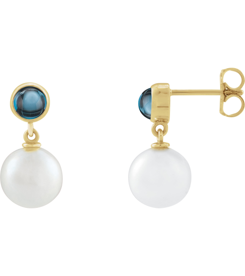 88753 Earring Set Cultured Freshwater Pearl Pearl 8 Mm 14K Yellow Natural London Blue Topaz Pair Friction Backs Included Polished Cultured Pearl And Natural London Blue Topaz Cabochon Drop Earrings