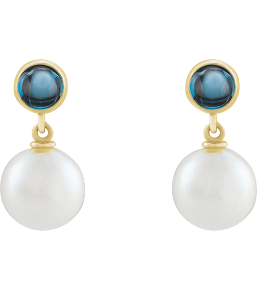 88753 Earring Set Cultured Freshwater Pearl Pearl 8 Mm 14K Yellow Natural London Blue Topaz Pair Friction Backs Included Polished Cultured Pearl And Natural London Blue Topaz Cabochon Drop Earrings