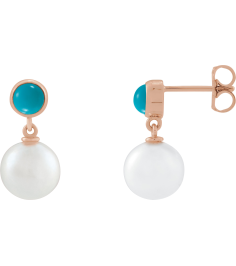 88753 Earring Set Cultured Freshwater Pearl Pearl 8 Mm 14K Rose Natural Turquoise Pair Friction Backs Included Polished Cultured Pearl And Natural Turquoise Cabochon Drop Earrings
