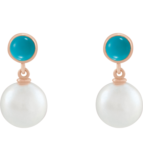 88753 Earring Set Cultured Freshwater Pearl Pearl 8 Mm 14K Rose Natural Turquoise Pair Friction Backs Included Polished Cultured Pearl And Natural Turquoise Cabochon Drop Earrings