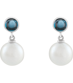 88753 Earring Set Cultured Freshwater Pearl Pearl 8 Mm 14K White Natural London Blue Topaz Pair Friction Backs Included Polished Cultured Pearl And Natural London Blue Topaz Cabochon Drop Earrings