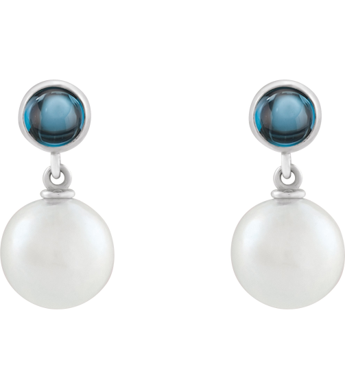 88753 Earring Set Cultured Freshwater Pearl Pearl 8 Mm 14K White Natural London Blue Topaz Pair Friction Backs Included Polished Cultured Pearl And Natural London Blue Topaz Cabochon Drop Earrings