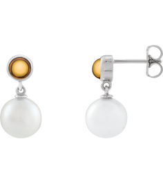 88753 Earring Set Cultured Freshwater Pearl Pearl 8 Mm Sterling Silver Natural Citrine Pair Friction Backs Included Polished Cultured Pearl And Natural Citrine Cabochon Drop Earrings