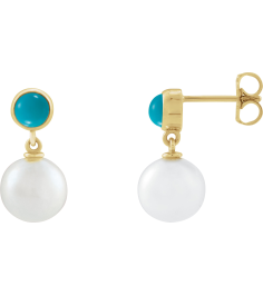 88753 Earring Set Cultured Freshwater Pearl Pearl 8 Mm 14K Yellow Natural Turquoise Pair Friction Backs Included Polished Cultured Pearl And Natural Turquoise Cabochon Drop Earrings