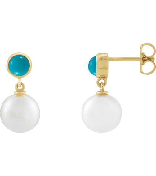 88753 Earring Set Cultured Freshwater Pearl Pearl 8 Mm 14K Yellow Natural Turquoise Pair Friction Backs Included Polished Cultured Pearl And Natural Turquoise Cabochon Drop Earrings