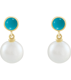 88753 Earring Set Cultured Freshwater Pearl Pearl 8 Mm 14K Yellow Natural Turquoise Pair Friction Backs Included Polished Cultured Pearl And Natural Turquoise Cabochon Drop Earrings