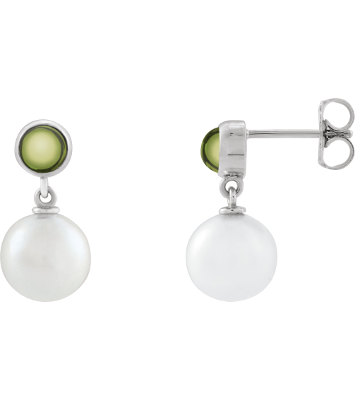 88753 Earring Set Cultured Freshwater Pearl Pearl 8 Mm 14K White Natural Peridot Pair Friction Backs Included Polished Cultured Pearl And Natural Peridot Cabochon Drop Earrings