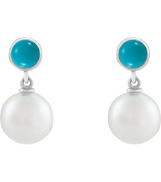 88753 Earring Set Cultured Freshwater Pearl Pearl 8 Mm Sterling Silver Natural Turquoise Pair Friction Backs Included Polished Cultured Pearl And Natural Turquoise Cabochon Drop Earrings