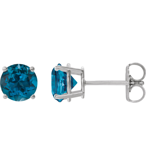1874 14K White Set Round Natural London Blue Topaz Pair 6 Mm Friction Friction Backs Included 4-Prong Polished Natural London Blue Topaz Stud Earrings