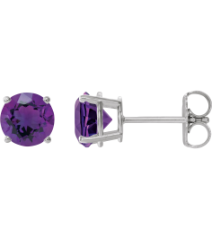 1874 14K White Set Round Natural Amethyst Pair 7 Mm Friction Friction Backs Included 4-Prong Polished Natural Amethyst Stud Earrings