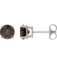 1874 14K White Set Round Natural Smoky Quartz Pair 7 Mm Friction Friction Backs Included 4-Prong Polished Natural Smoky Quartz Stud Earrings