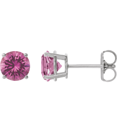 1874 14K White Set Round Lab-Grown Pink Sapphire Pair 7 Mm Friction Friction Backs Included 4-Prong Polished Lab-Grown Pink Sapphire Stud Earrings