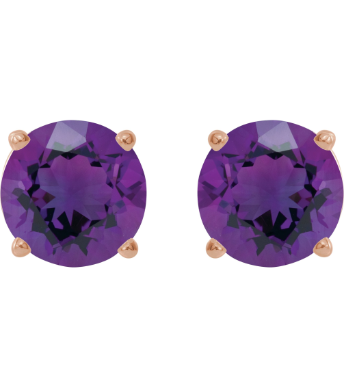 1874 14K Rose Set Round Natural Amethyst Pair 8 Mm Friction Friction Backs Included 4-Prong Polished Natural Amethyst Stud Earrings