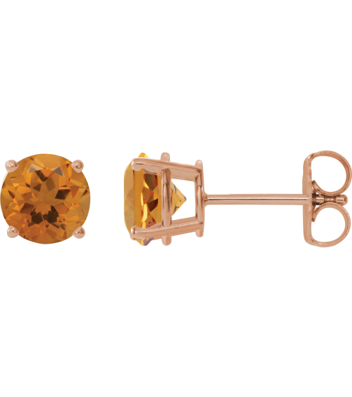 1874 14K Rose Set Round Natural Citrine Pair 8 Mm Friction Friction Backs Included 4-Prong Polished Natural Citrine Stud Earrings