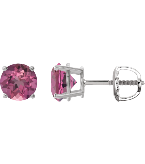 1874 14K White Set Round Natural Pink Tourmaline Pair 6 Mm Threaded Threaded Backs Included 4-Prong Polished Natural Pink Tourmaline Stud Earrings
