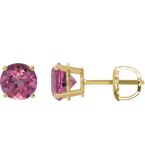 1874 14K Yellow Set Round Natural Pink Tourmaline Pair 6 Mm Threaded Threaded Backs Included 4-Prong Polished Natural Pink Tourmaline Stud Earrings