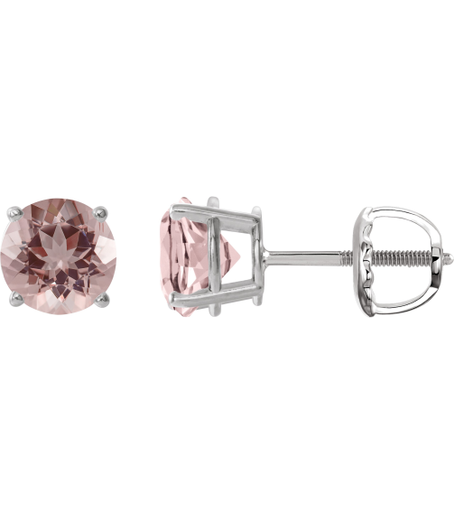 1874 14K White Set Round Natural Pink Morganite Pair 7 Mm Threaded Threaded Backs Included 4-Prong Polished Natural Morganite Stud Earrings