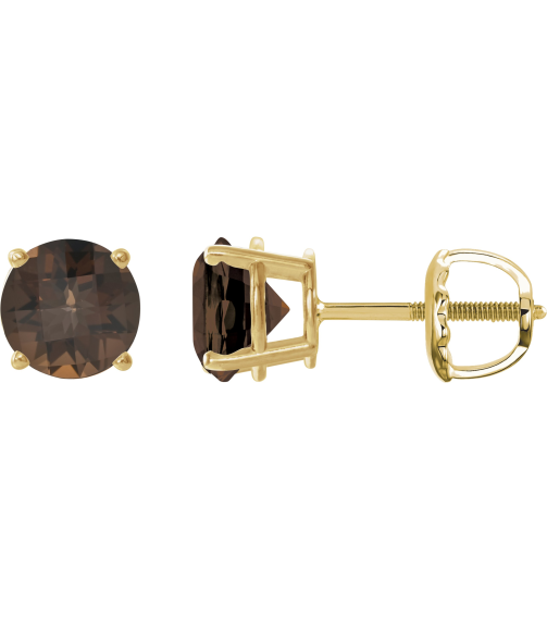 1874 14K Yellow Set Round Natural Smoky Quartz Pair 7 Mm Threaded Threaded Backs Included 4-Prong Polished Natural Smoky Quartz Stud Earrings