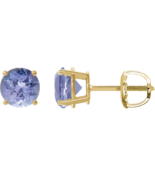 1874 14K Yellow Set Round Natural Tanzanite Pair 7 Mm Threaded Threaded Backs Included 4-Prong Polished Natural Tanzanite Stud Earrings