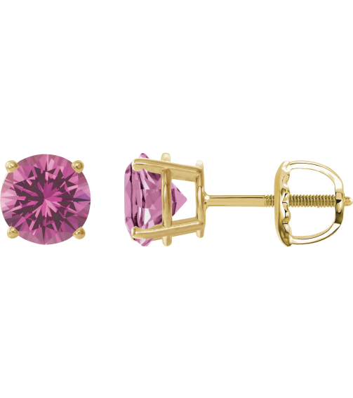 1874 14K Yellow Set Round Lab-Grown Pink Sapphire Pair 7 Mm Threaded Threaded Backs Included 4-Prong Polished Lab-Grown Pink Sapphire Stud Earrings