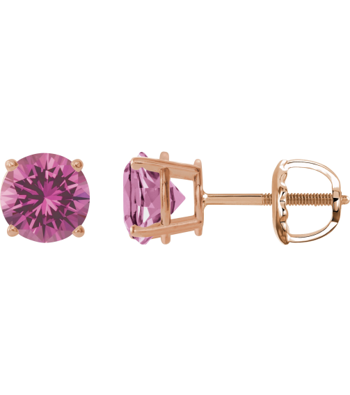 1874 14K Rose Set Round Lab-Grown Pink Sapphire Pair 8 Mm Threaded Threaded Backs Included 4-Prong Polished Lab-Grown Pink Sapphire Stud Earrings
