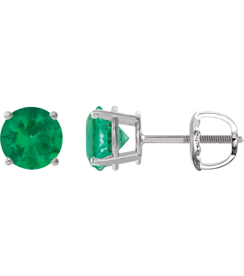 1874 14K White Set Round Lab-Grown Emerald Pair 8 Mm Threaded Threaded Backs Included 4-Prong Polished Lab-Grown Emerald Stud Earrings