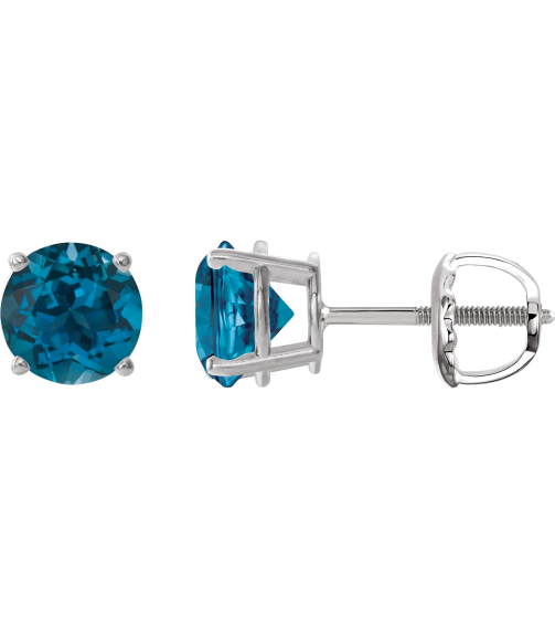 1874 14K White Set Round Natural London Blue Topaz Pair 8 Mm Threaded Threaded Backs Included 4-Prong Polished Natural London Blue Topaz Stud Earrings
